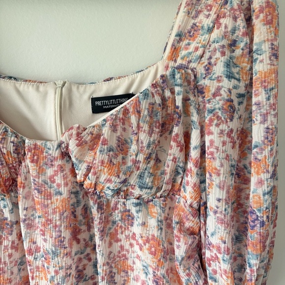 Pretty Little Thing Maternity Pink Floral Plisse Mini Dress Long Sleeve Fitted - Picture 9 of 14